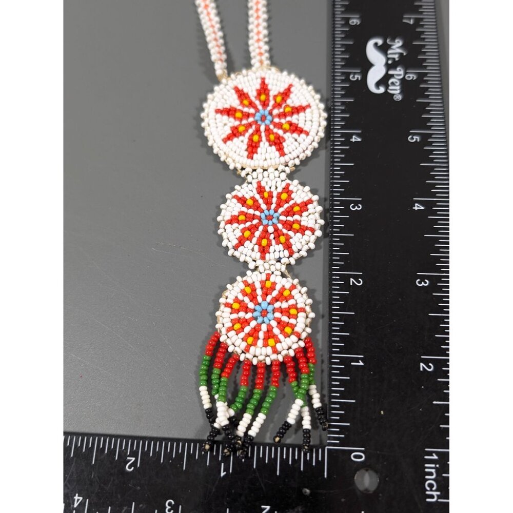 Vintage Native Triple Medallion Seed Bead Necklace Leather Back 24" - Picture 8 of 8